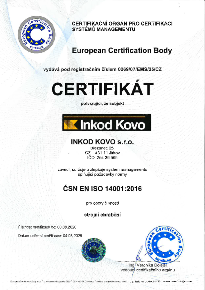 Zertifikat ČSN EN ISO 14001:2016 für die maschinelle Bearbeitung
