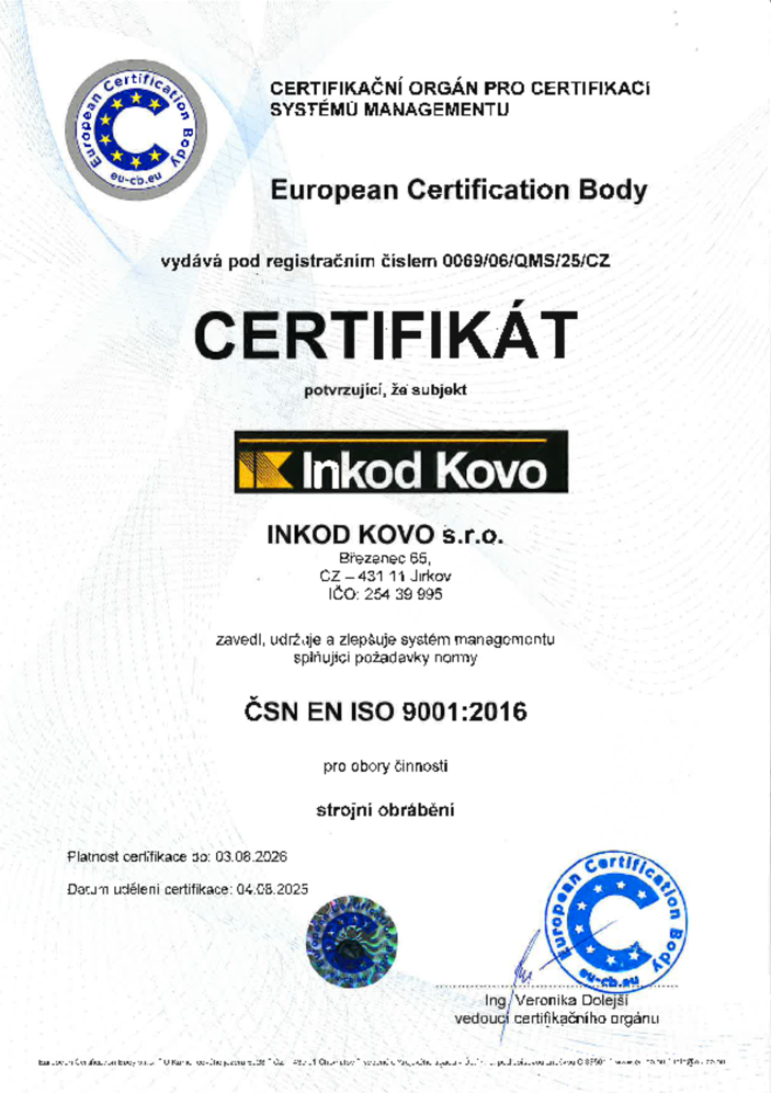 ČSN EN ISO 9001:2016 certificate for machining